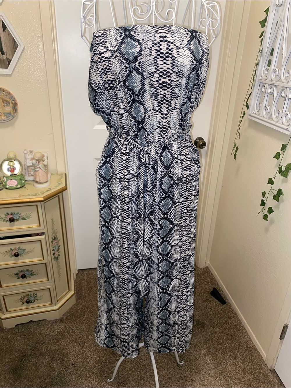 Strapless Snake-Print Wide-Leg Jumpsuit - Blue/Black